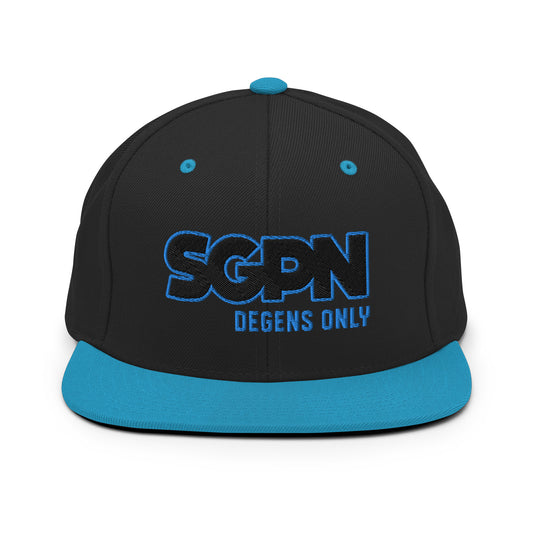 A black and blue snapback hat with 'SGPN - Degens Only' embroidered on the front.