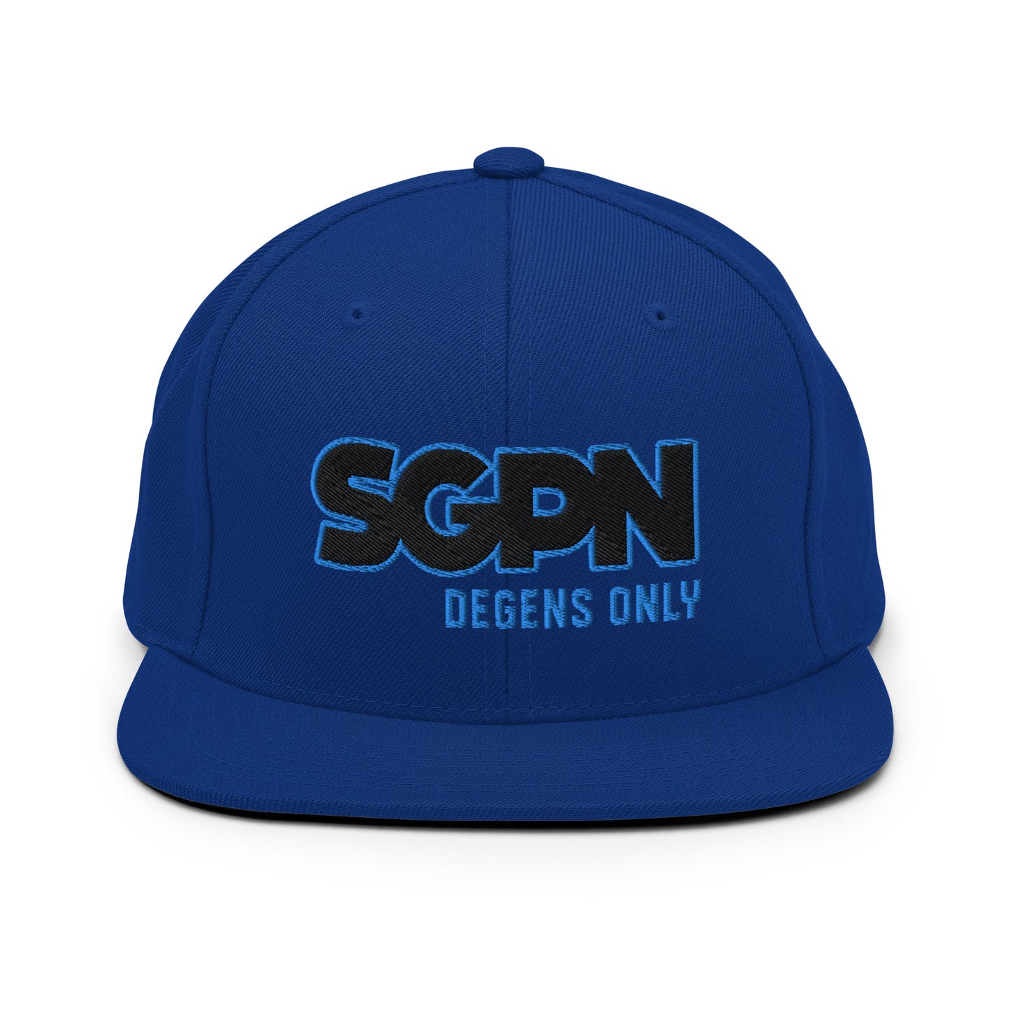 A black and blue snapback hat with 'SGPN - Degens Only' embroidered on the front.